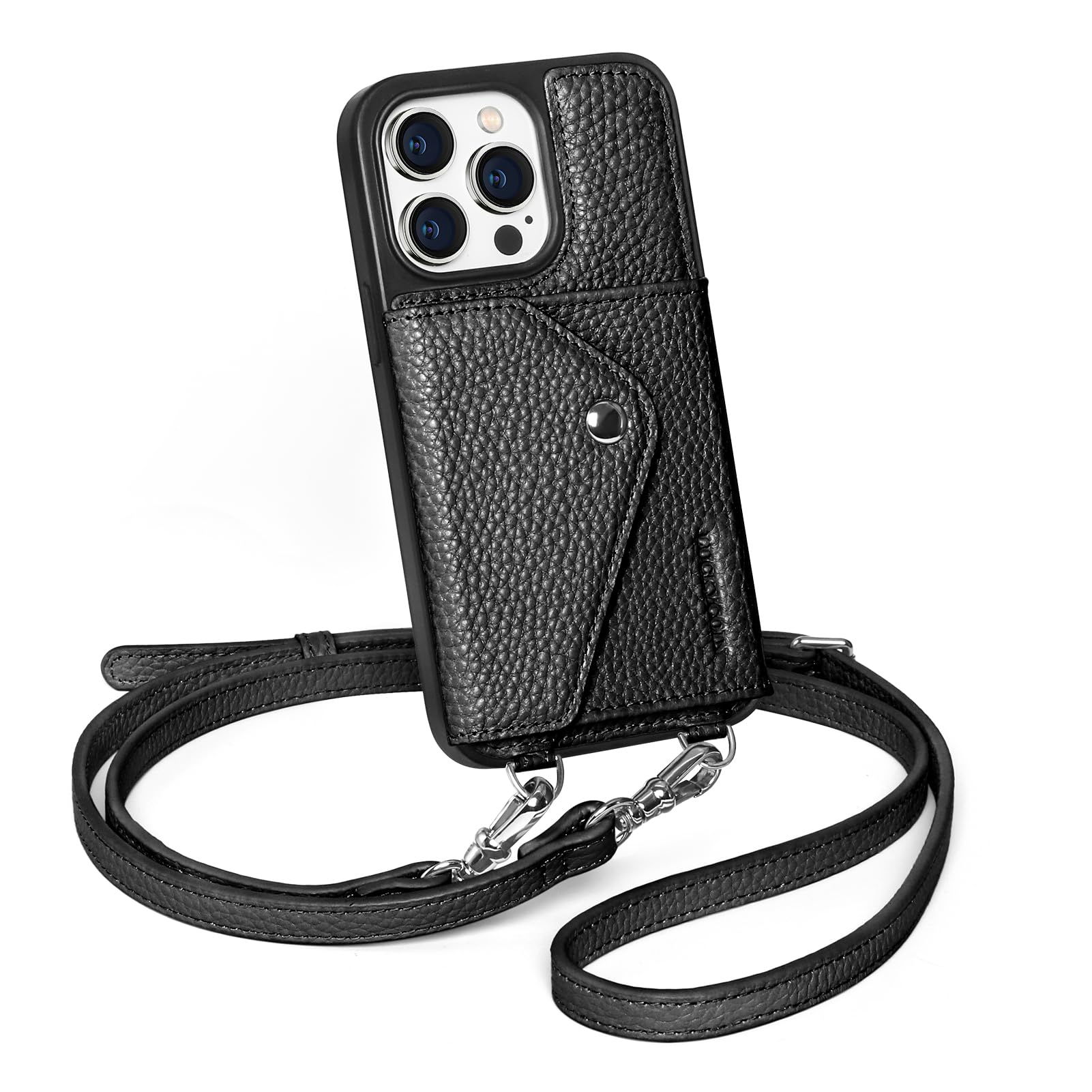 Photo 1 of LUCKYCOIN Crossbody Phone Case for iPhone 14 Pro,Genuine Pebble Leather Wallet Case with Expandable Flip Card Holder,Black Phone Purse for Women with Adjustable Removable Strap,for Travel/Parties