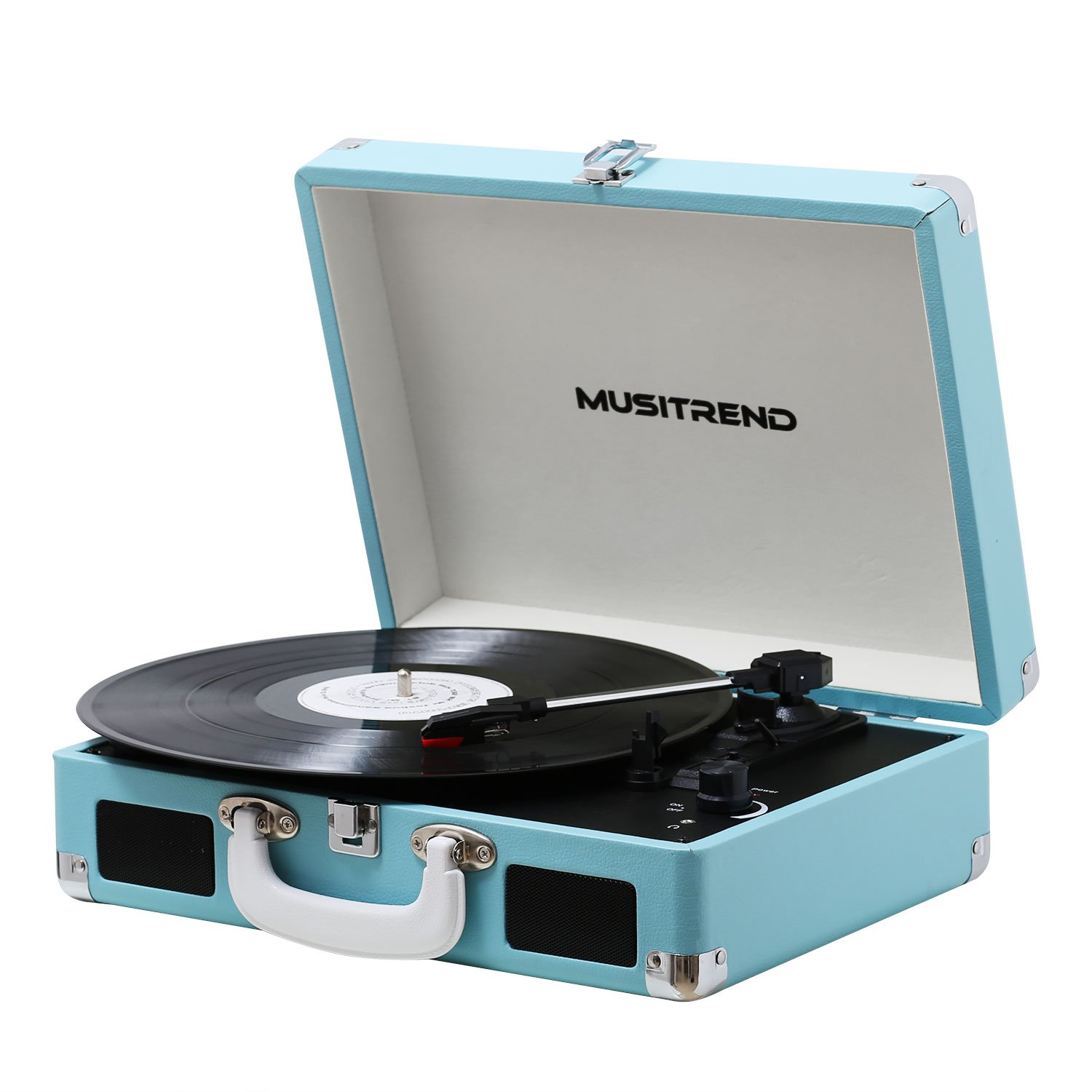 Musitrend Record Player Vinyl Turntable with Speakers, 3 Speed Suitcase Record Player Support Vinyl-to-MP3 Recording, Headphone Jack, Aux Input/RCA line Out (Blue)