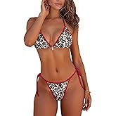 Herseas Women's Sexy Halter String Bikini Sets Floral Print Shell Decoration Trim Swimsuits Thong Cheeky Bathing Suits
