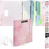 Etzul 3 Ring Binder 1 inch with Clipboard - Pink & Gold Marble Design, Includes Dividers, File Bag & Spine Label - Stylish and Durable for Everyday Use, Holographic Waterproof Film