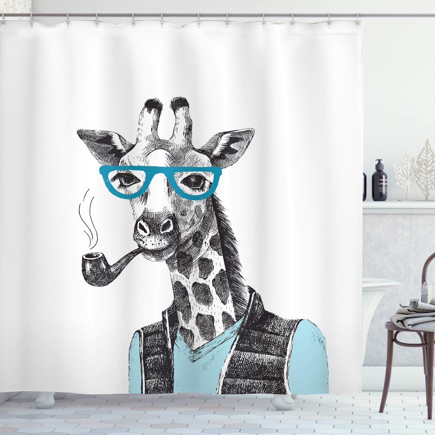 ABAKUHAUS Hipster Shower Curtain, Hand Drawn Funny Giraffe with Glasses Vest and Pipe, Cloth Fabric Bathroom Decor Set with Hooks, 94 Inches, Blue Grey