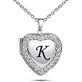 KunBead Name Initial Custom Heart Locket Letter Love Pendant Necklace for Women with Birthstone that Holds Pictures for Family