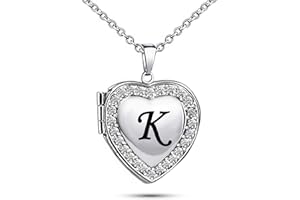KunBead Name Initial Custom Heart Locket Letter Love Pendant Necklace for Women with Birthstone that Holds Pictures for Family