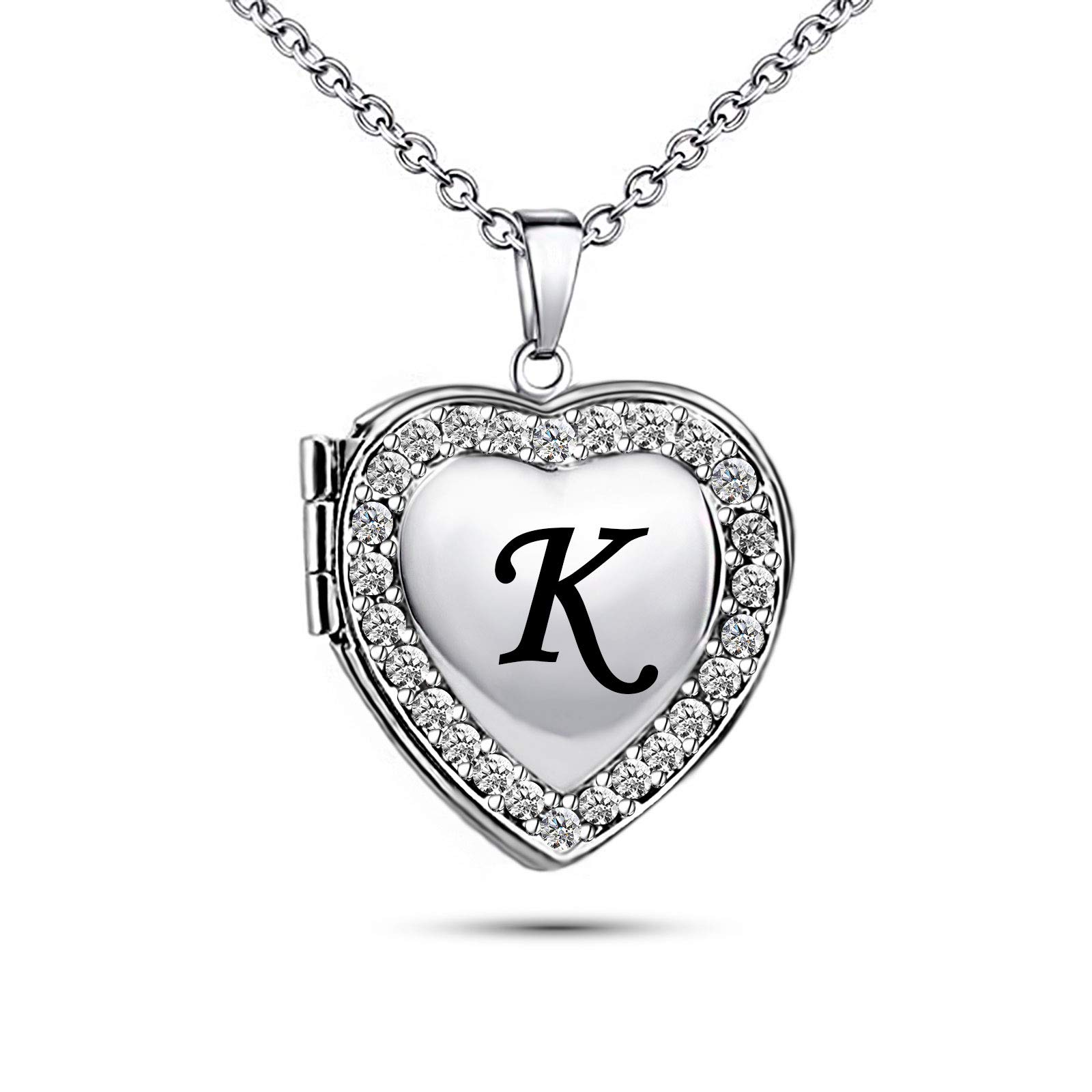 KunBead Jewelry Picture Photo Love Engraved Heart Locket Necklace for Women Letter K Childrens Initial Necklace Silver