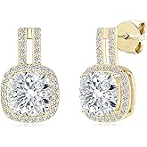 EONFUN 2CT Cushion Moissanite Stud Drop Earrings D Color VVS1 925 Sterling Silver Trendy Square Halo Earrings for Women Birthday Jewelry Gifts