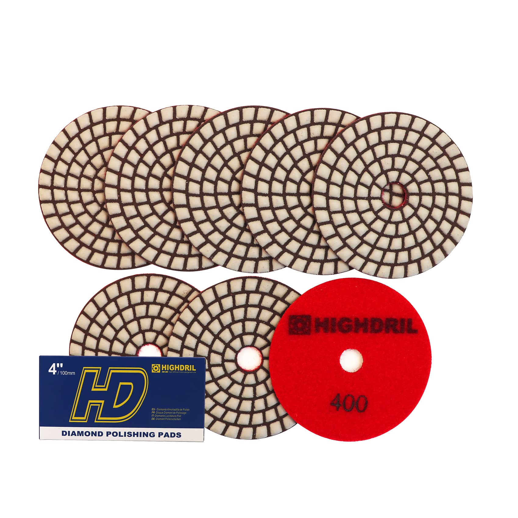 HIGHDRIL Dry Diamond Polishing Pad - 8PCS #400 Sanding Pads 100MM for Granite Stone Marble Floor Grinder Polish Pad Kit for Drill, Grinder, Polisher