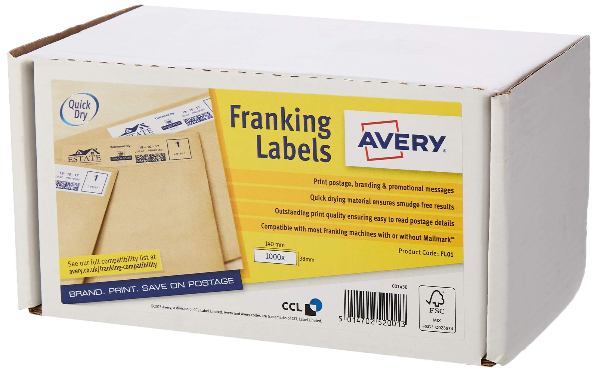 Avery Self Adhesive Franking Labels, Manual Feed, 2 Labels Per Sheet, 1000 Labels, Quickdry(FL01), White