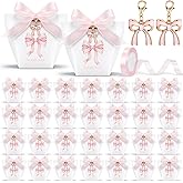 Equsion 30 Sets Pink Bow Favor Set Pink Bow Thank You Gift Bags with Ribbon and Bows Keychain Cute Coquette Candy Treat Bag Keychain Set for Wedding Birthday Baby Shower Valentines Day Party Supplies