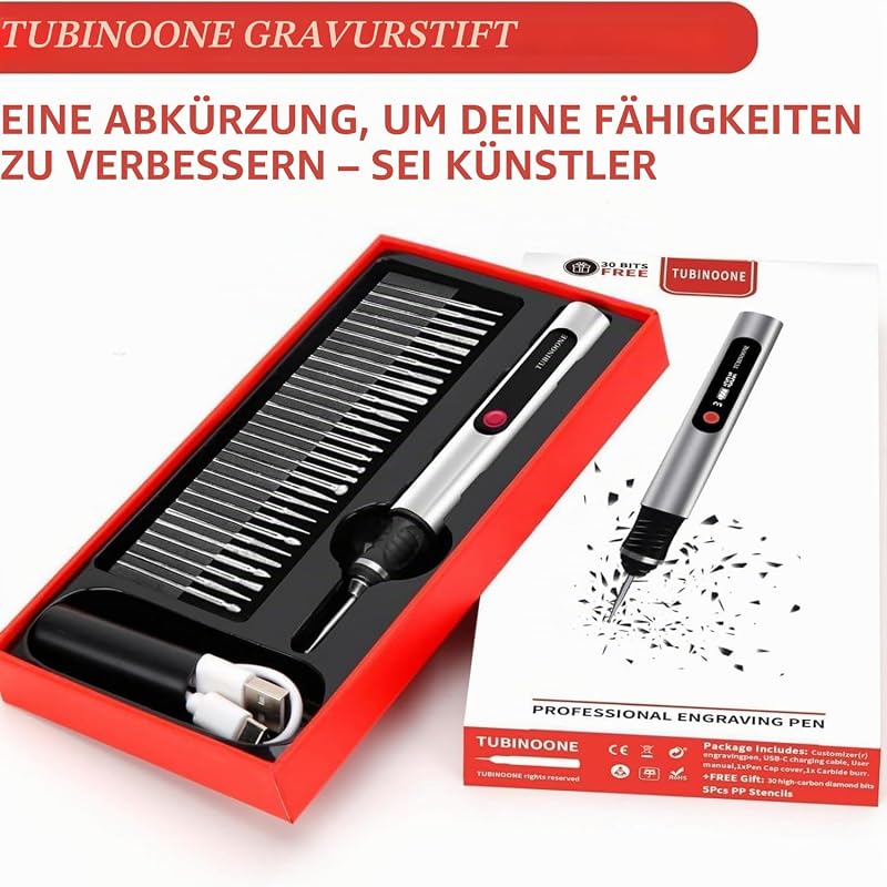 Gravurstift, ultimatives kabelloses tragbares Werkzeug für Künstler & DIYer - Graviere 50+ Oberflächen - Anfängerfreundlich - Wiederaufladbar - Kostenlose 30 Bits & Meisteranleitung