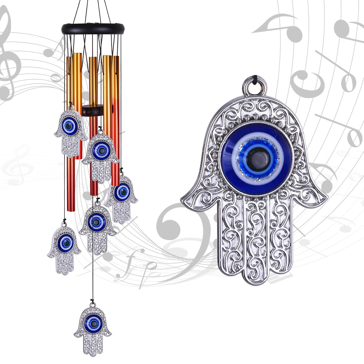Photo 1 of Blue Evil Eye Hand of Fatima Wind Chimes Outdoor Decoration, Evil Eye Wind Bells, Hamsa Hand Windcatcher, Fatima's Holy Hand Blue Evil Eye Amulet Wind Chimes for Home,Gift for Mom,Balcony,Patio,Garden
