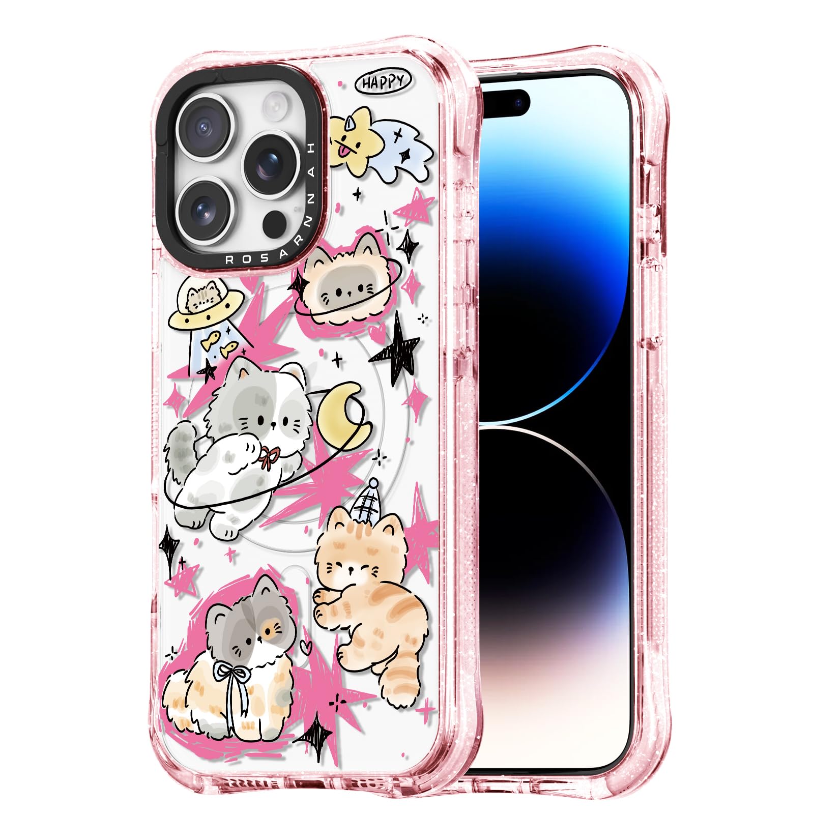Rosarnnah for iPhone 14 Pro Max Case Cute - Compatible with Magsafe - Military-Grade 20 ft Drop Protection Shockproof Phone Case - Funny Space Kitty Cat Design (6.9") Glitter Pink
