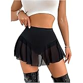 SHENHE Women's Sheer Mesh Skater Skort High Waisted Sexy Flowy Mini Skirt Shorts Skort