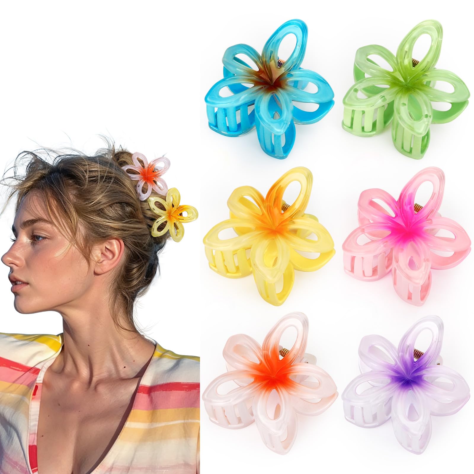 Euqvunn Flower Hair Clips 6Pcs, Hair Claw Clips Flower Claw Clips for Thick Hair, Hawaiian Flower Clips for Hair Non-slip, Plumeria Accessories Hairstyle Gifts for Women and Girl