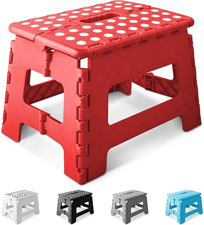 KEPLIN 9 Inch Heavy Duty Folding Step Stool Red Non-Slip Portable