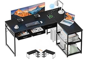 AODK 53 Inch L Shaped Computer Desk with Drawers, Corner Desk with Power Outlets & Reversible Storage Shelves, Movable CPU St