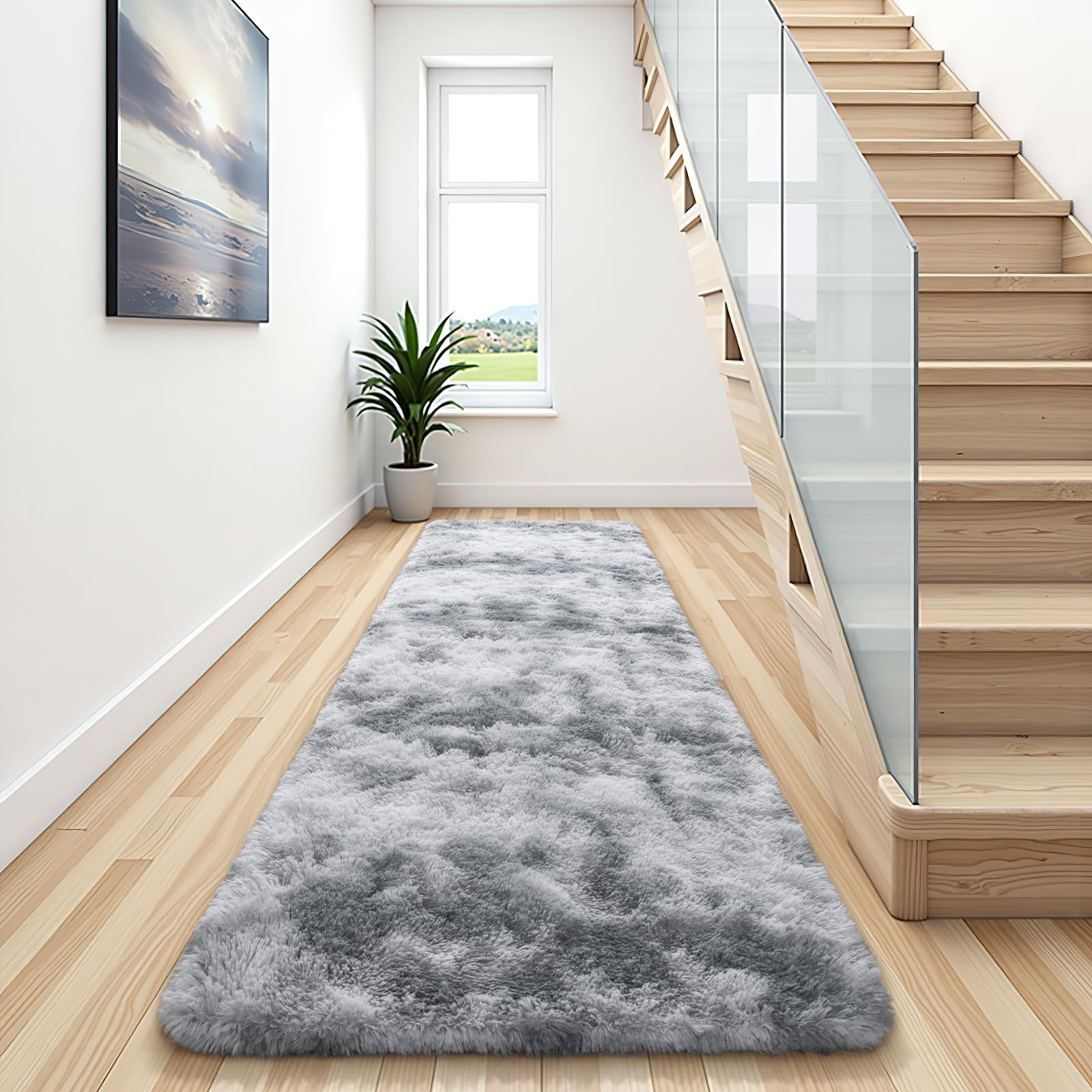 Photo 1 of BENRON Soft Runner Rugs for Bedroom 2x8, Washable Long Runners for Hallway Entryway Kitchen Dorm, Fluffy Throw Rug for Kids Girls Room Decor Photo Prop, Tie-dye Grey