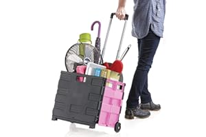 Inspired Living Ultra-Slim Rolling Collapsible Storage Pack-N-Roll Utility-carts, with Telescopic Handle, for Home, Garden, Shopping, Office, School use, Medium, Pink & Black
