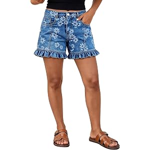 Flamingals Floral Print Ruffle Hem Jean Shorts for Women | Denim Shorts, Mid Rise, Pockets, Trendy, Summer, Floral Print, Sti