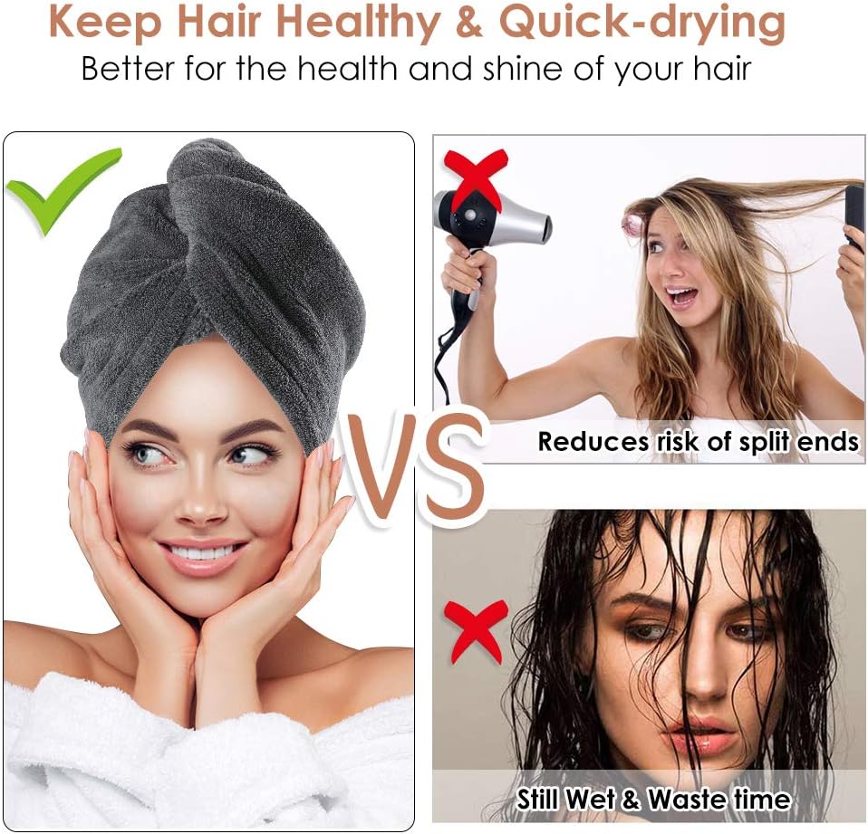 3 Pack Hair Towel Wrap for Women, Ultra Soft Hair Drying Towels, Anti-Frizz & Super Absorbent Hair Turban, Suitable for Curly, Long & Thick Hair (Gray&Dark Gray&Stripe): Kitchen & Dining