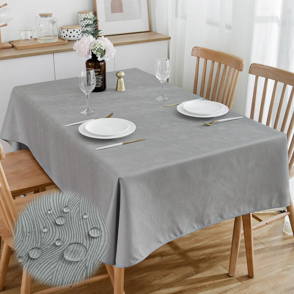 SPRICA Jacquard Tablecloth Water Resistance Solid Colour Heavy Weight Soft Table Cover, Machine Washable, Rectangle 300x150cm, Grey