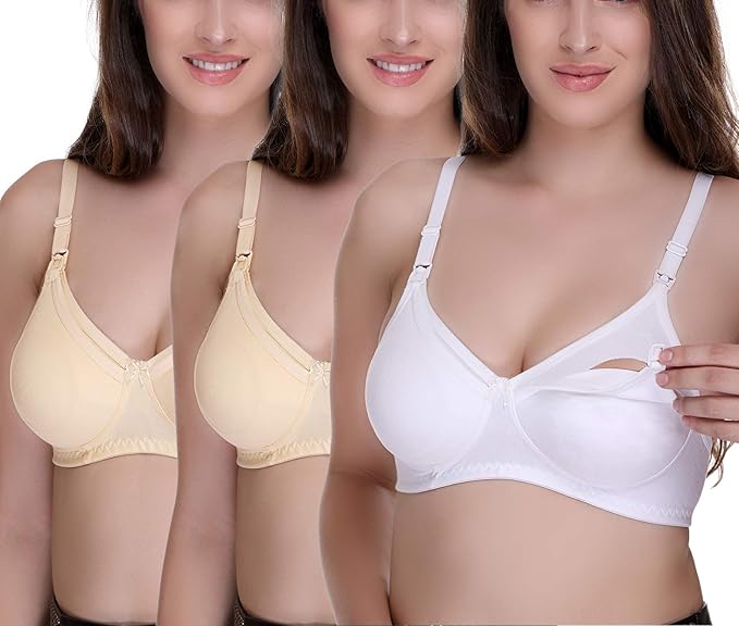 Women's Feeding Bra Full Cup Hosiery Cotton Breastfeeding Nursing Maternity (Multicoloured) Combo Pack of 3