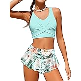 Qaoerde Girls Swimsuit Tropical Print Bikini Set with Ruffle Hem Two Piece Criss Cross Bathing Suits for Girls 7-14 Years