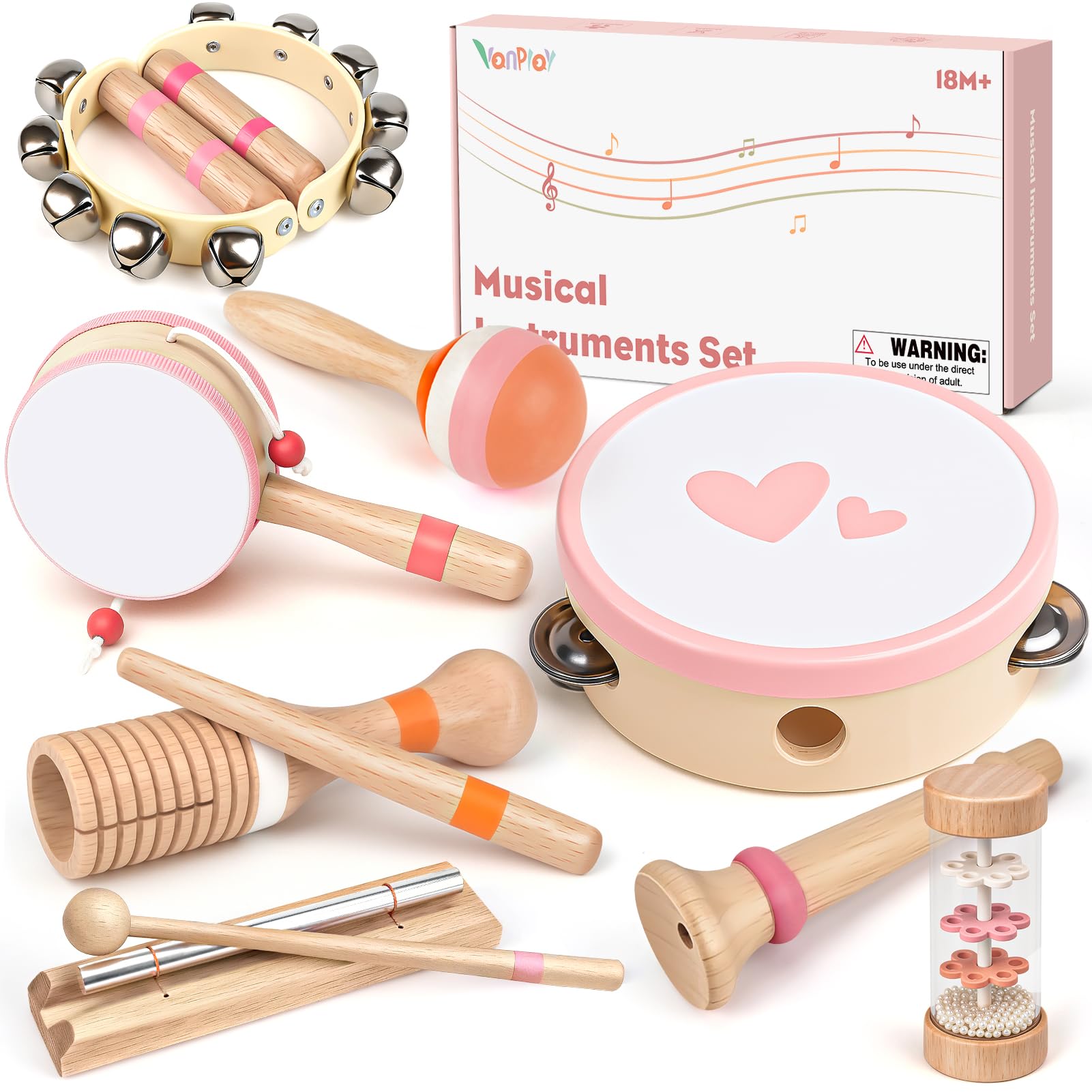 Photo 1 of Musical Toys for 2 3 Year Old Girl Birthday Gifts, Wooden Montessori Toys for 2 Year Old, 8 in 1 Musical Instruments for Toddlers with Drum/Hand Bells/Flute/Maracas, Preschool Toys for Baby 18+ Months