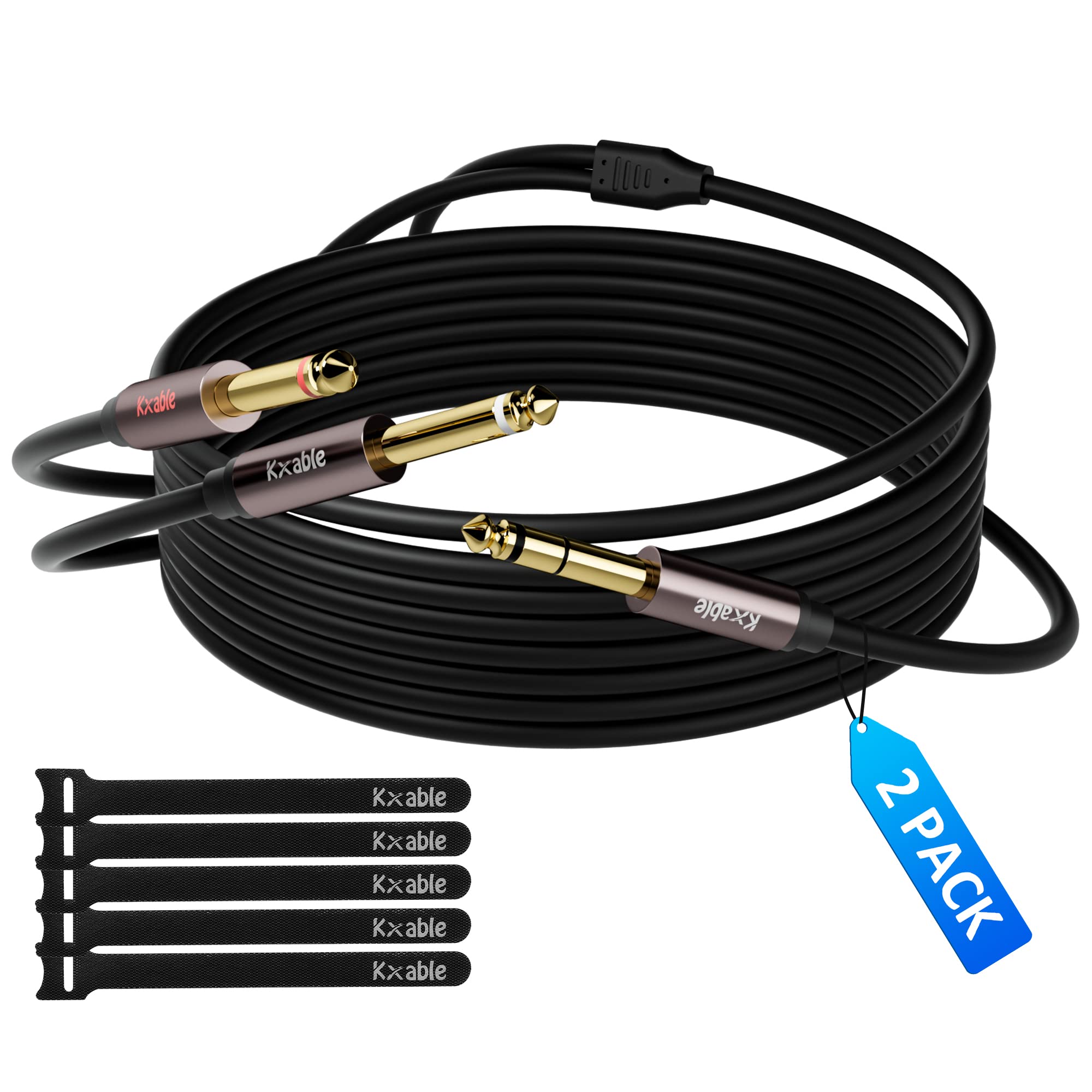 Photo 1 of 1/4 inch TRS Stereo to Dual 1/4 inch Y-Splitter Insert Audio Cable 4 Feet (2 Pack), 6.35mm Male to 2x 6.35mm Male TS Mono Breakout Cord, 24K Gold Plated, Oxygen-Free Copper OFC Cable with 5 Cable Ties