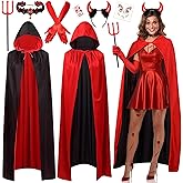 MOVINPE Halloween Hooded Cloak Reversible Devil Costume Accessories for Women Devil Horns Trident Gothic Choker Long Gloves Horror Face Gems Wound Tattoo Cosplay Carnival Party