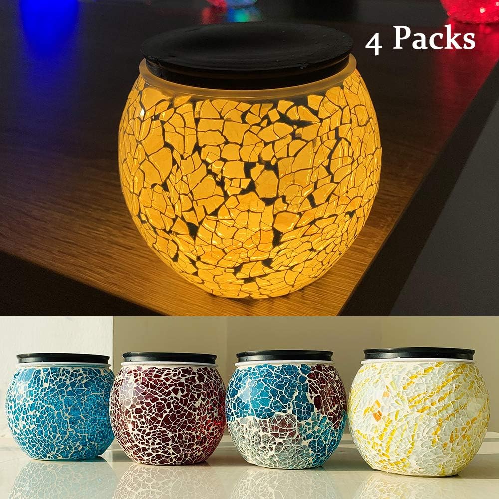 Nurluce 4 Pack Battery Operated Outdoor Tabletop Lanterns 10 LED Outdoor Garden Mosaic Glass Decorative Lanterns Cracked Glass Waterproof Table Lamp Waterproof Mood Lights for Patio Garland Garden - - 