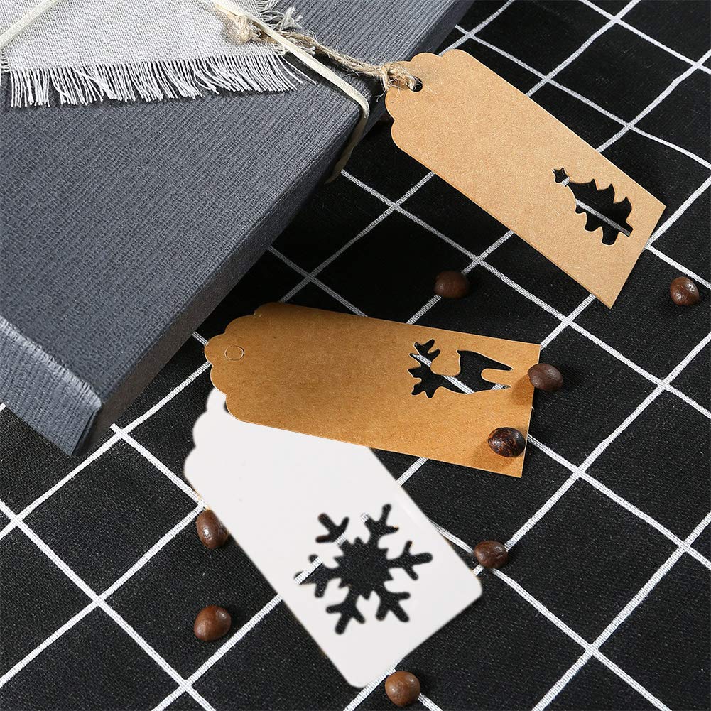HAKACC Weihnachten Etiketten Anhänger, 150 Stück Geschenkanhänger Kraftpapier Tags Anhängeschilder mit Schnur für Dekorieren von Weihnachtsbaum, handgemachte Arbeit
