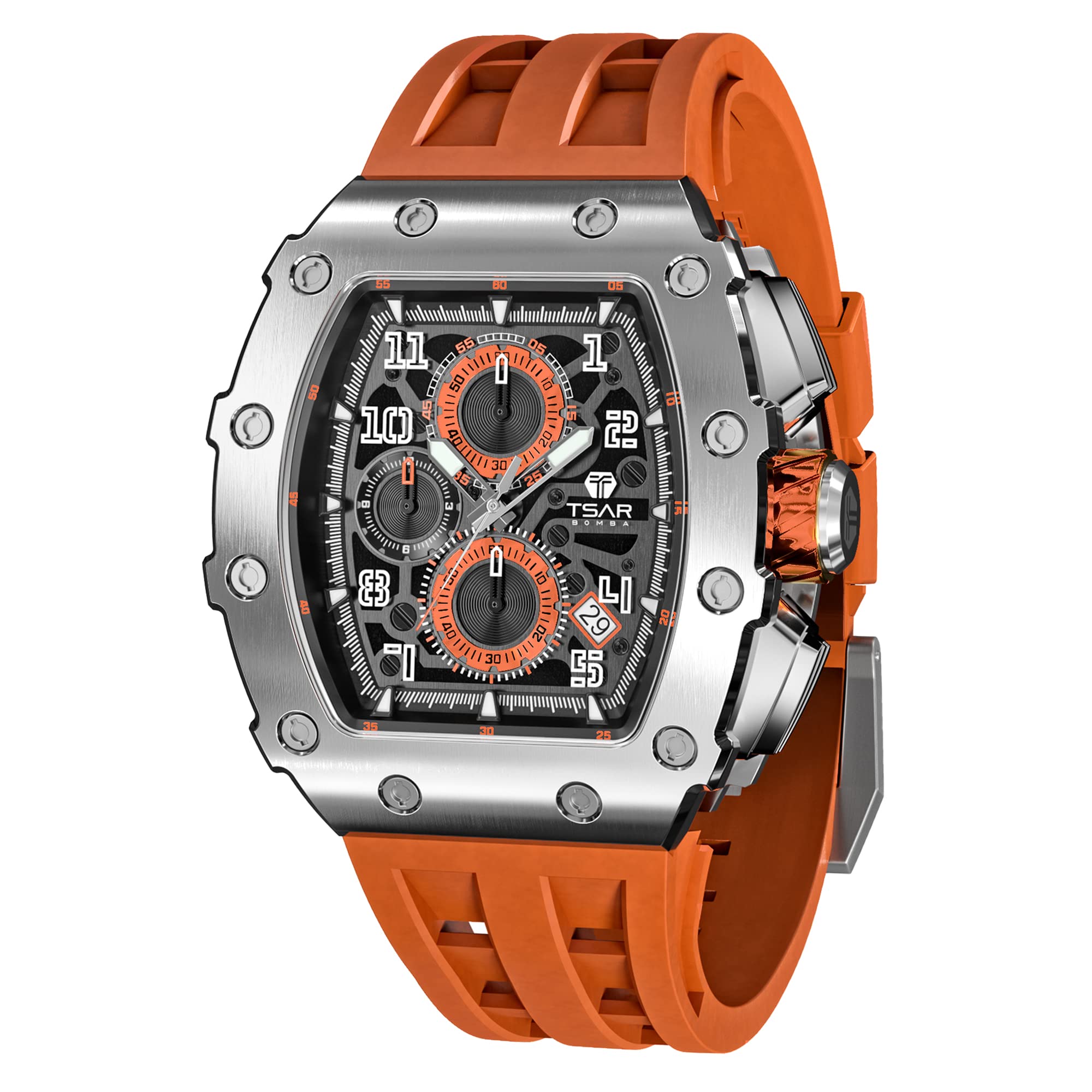 TSAR BOMBA Men’s Watch UK Wristwatches for Men 50M Waterproof Watches Men Tonneau Stainless Steel Case Sapphire Glass with Chronograph Date Function Japanese Quartz Movement Gifts Fashion Luxury