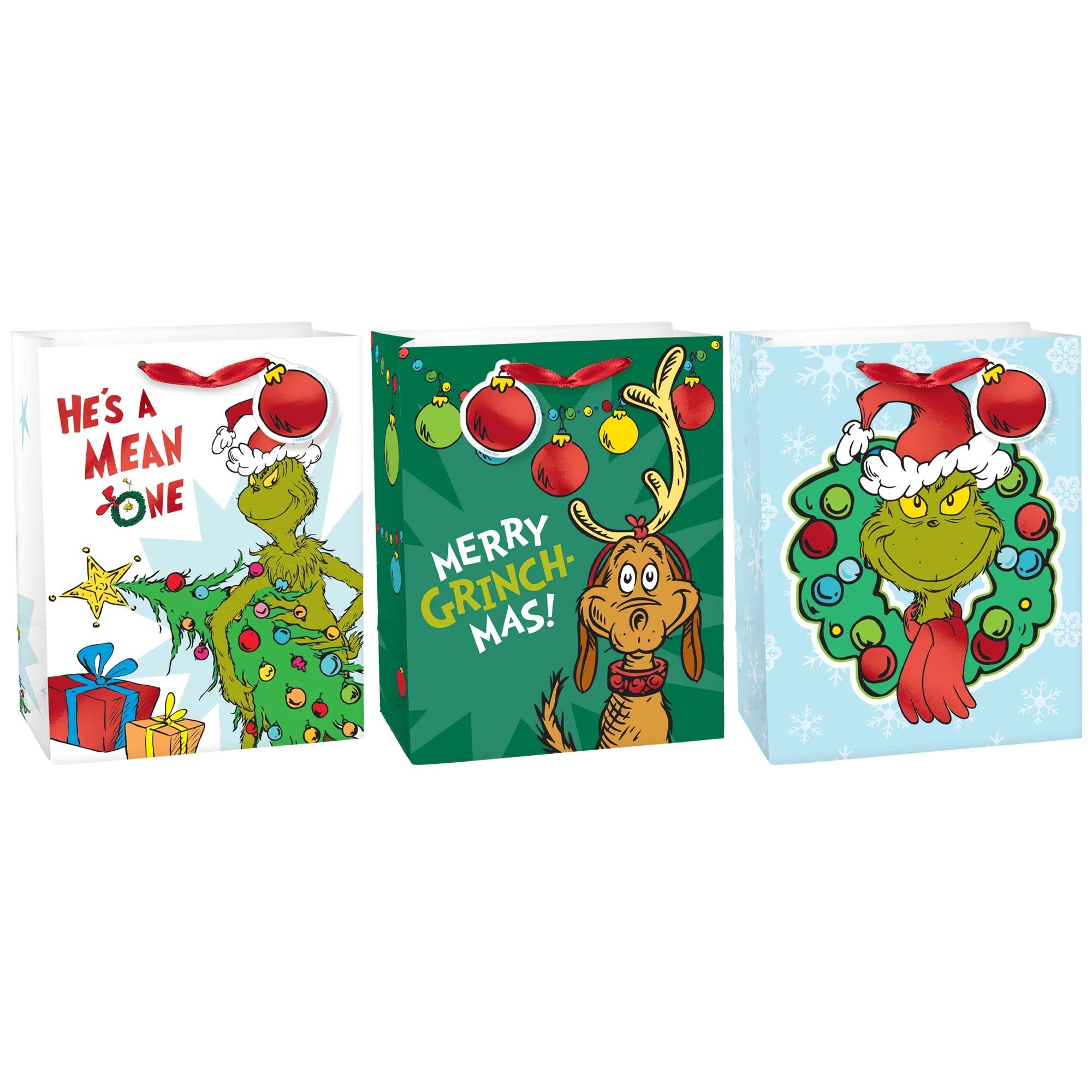 Amscan 170872 Grinch Medium Multipack Favor Bags-23cm x 18cm x 10cm | Multicolor | 3 Pcs