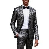 UNINUKOO Mens Suits Classic Fit 2 Piece Shiny Sequin Suit Set | Tuxedo for Men Notch Lapel One Button Slim Fit Casual Paisley Wedding Party Prom Disco Club Wear Jacket Pants with Bow Tie