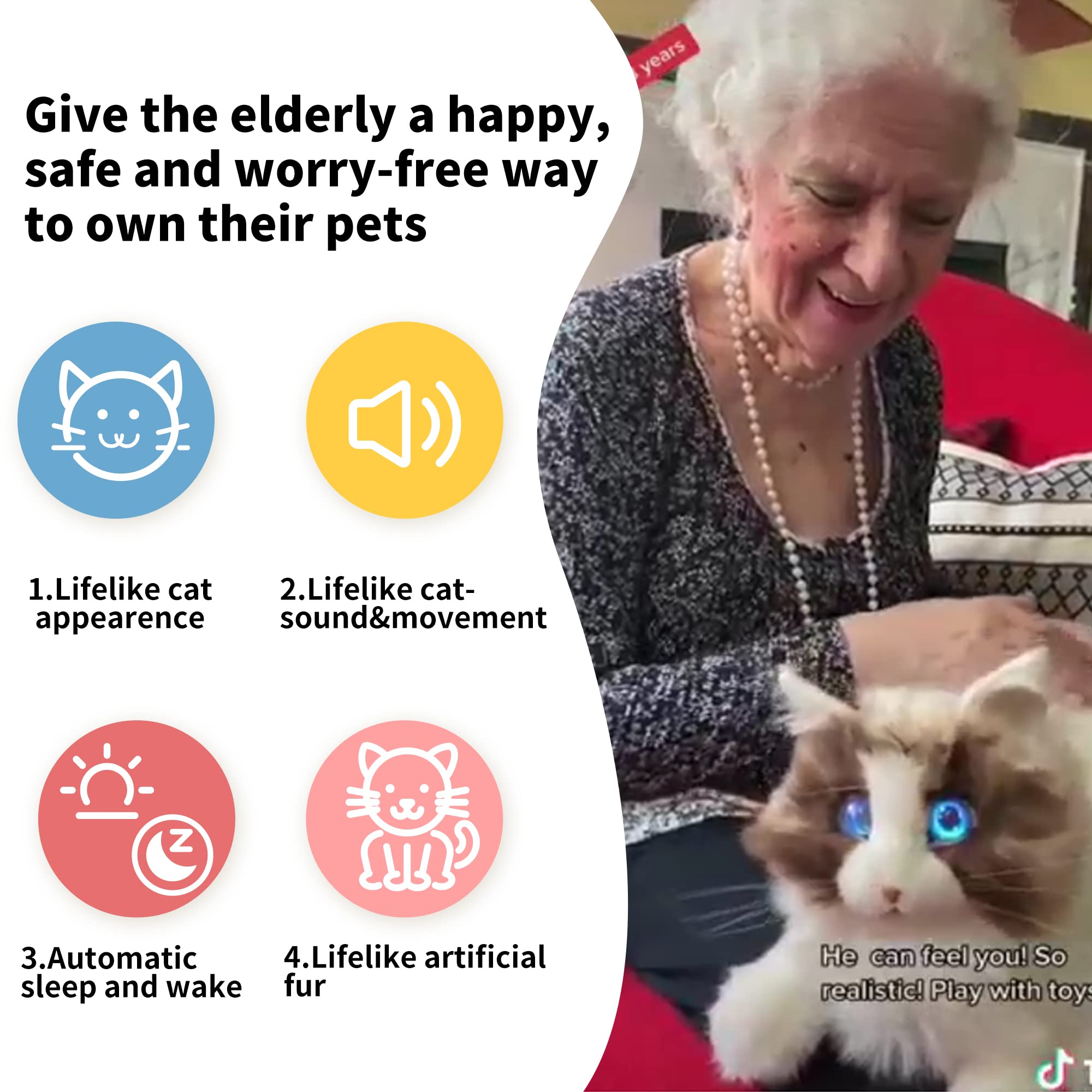 Chongker Interactive Companion Robot Pets Realistic Stuffed Animals Cat Plush Voice Heartbeat and Purring,Gifts for Parents (Metacat)