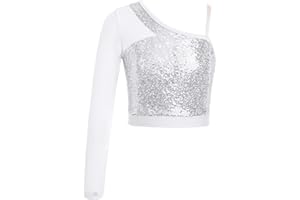 JEATHA Kids Girls One Shoulder Long Sleeve Sequins Crop Top Athletic Shirts Jazz Hip-hop Dance Costume