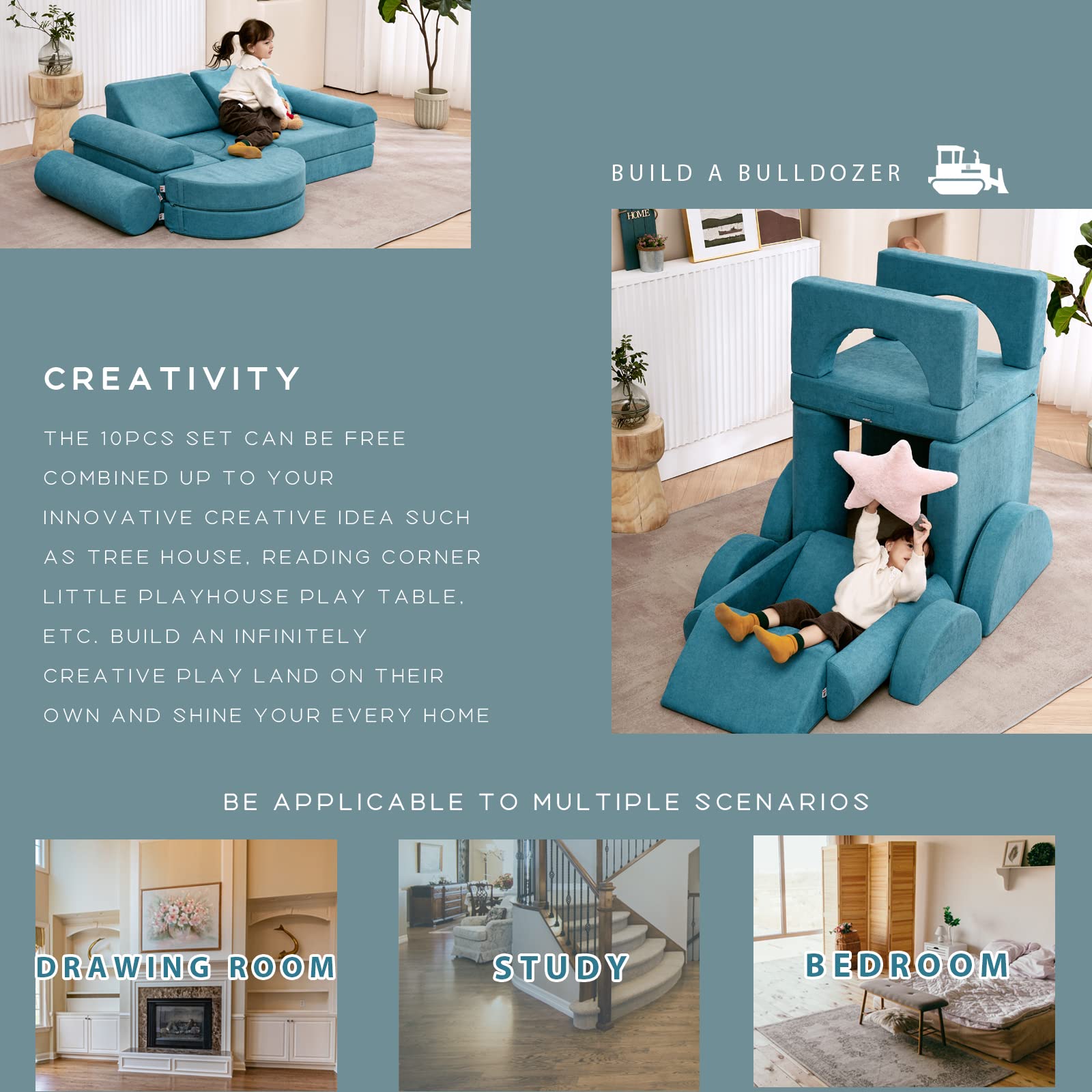 jela Couch 14PCS Luxury, Floor Sofa Modular Furniture for Adults,Kids. Playhouse Play Set for Toddlers Babies, Modular Foam Play Couch, Modular Sectional Sofa (Teal, 57