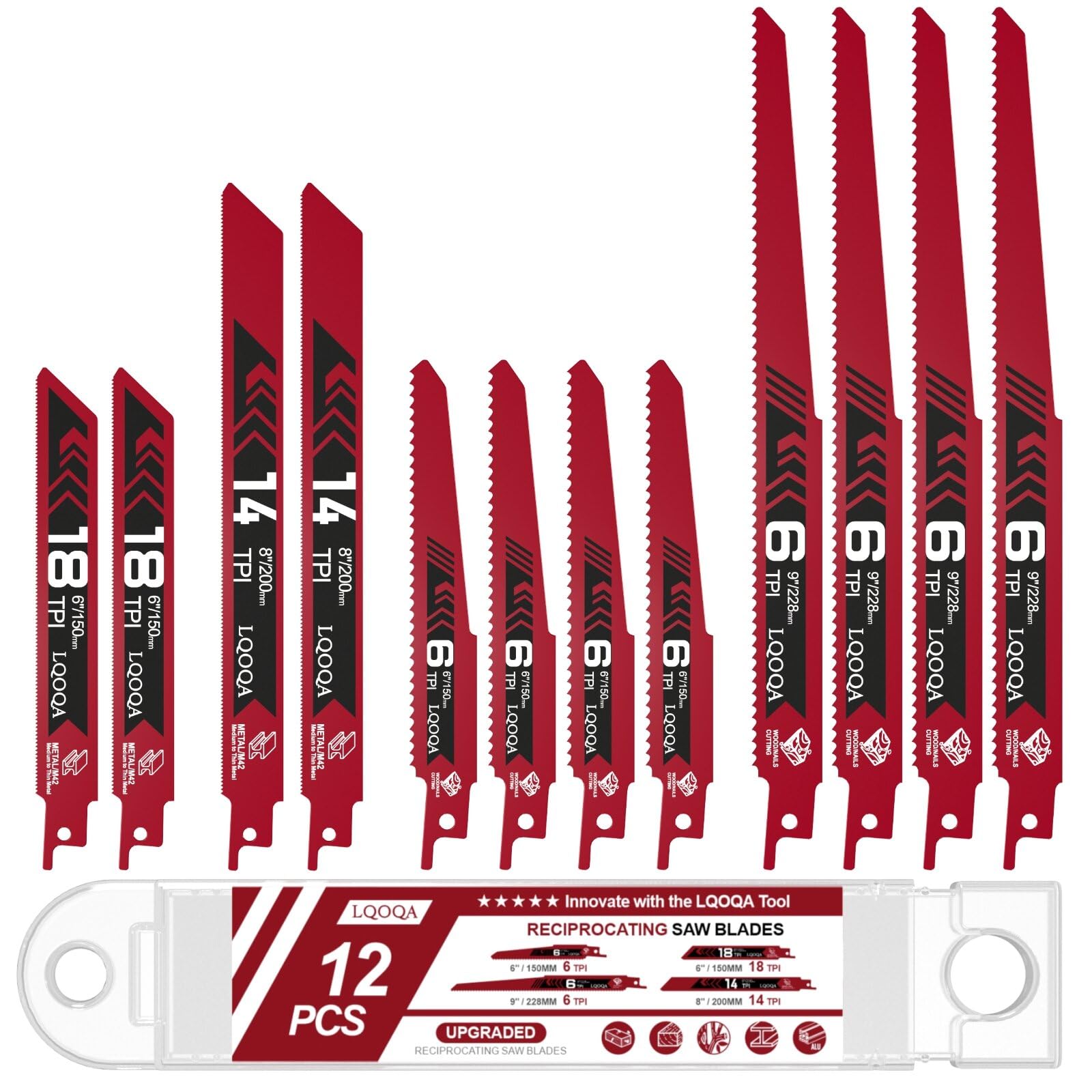 Photo 1 of 12-Piece Bi-Metal Reciprocating Saw Blade Set?Premium 6 & 8 & 9 Inch Wood & Metal Cutting Saw Blades withstorage Box?Long-Lasting Pruning Blades