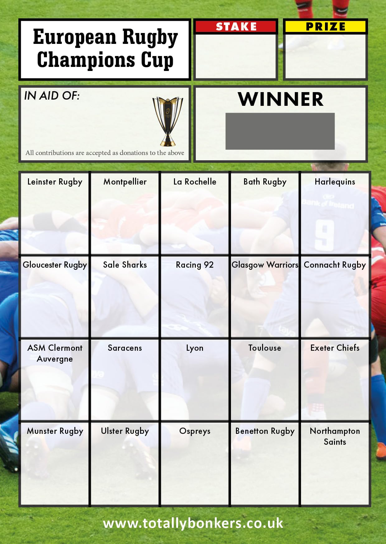 Totally Bonkers - Rugby Union (European Champions) Fundraising Scratch Cards - 20 Square - A6 (148x105mm) -10 Pack - TB0051 - Blind Card