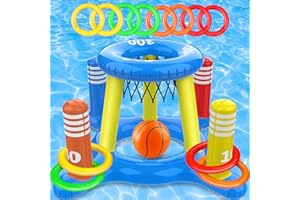 GiziGizi Pool Floats Toys for Kids Adult, 2-in-1 Inflatable Pool Basketball Hoop & Ring Game Set, Summer Swimming Pool Water Games Toy for Kids Boys Girls Ages 4-8-12, Pool Floats Adult Kids Family