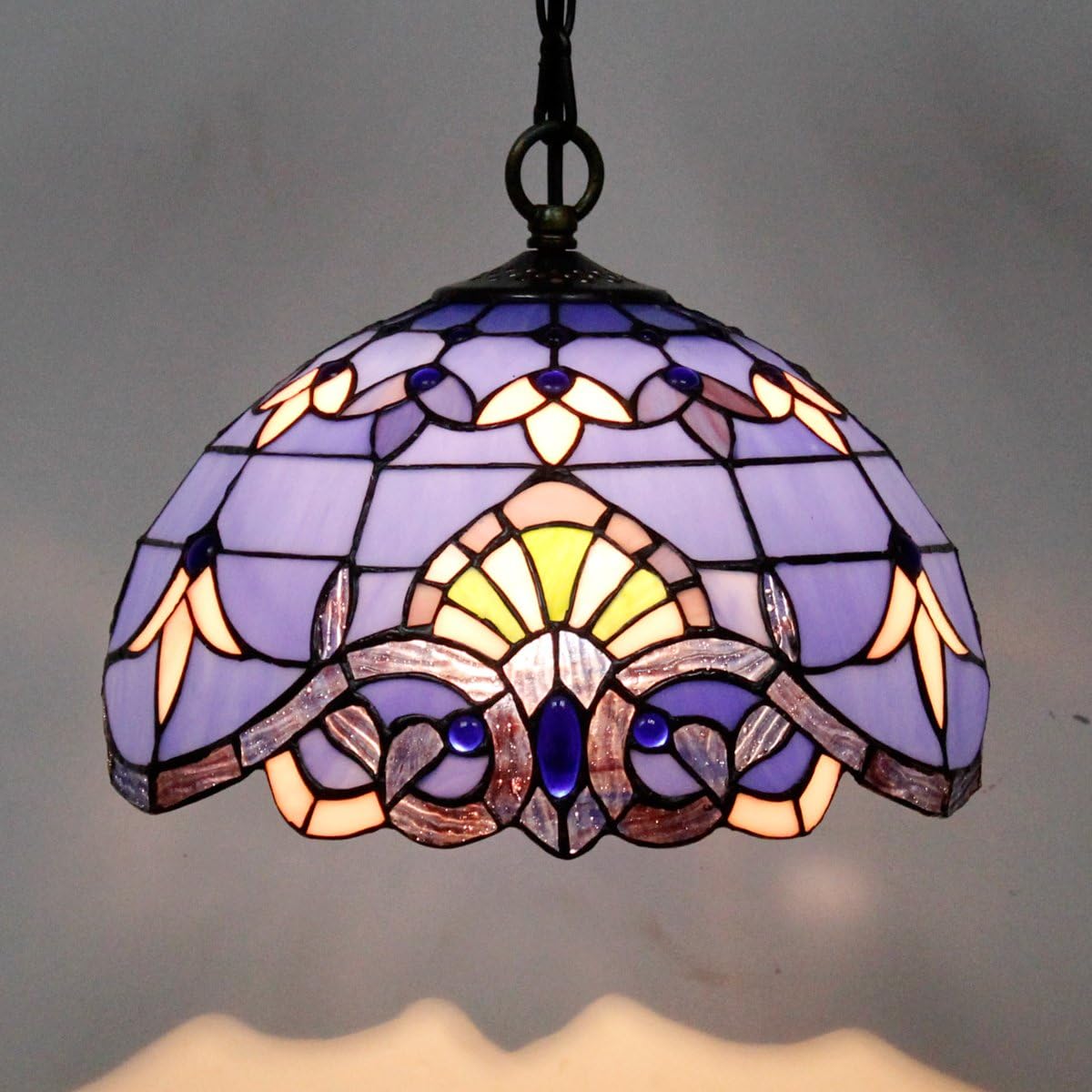 Tiffany Hanging Light W12H32 Inch Blue Purple Stained Glass Pendant lamp 1E26 Baroque Style S003C WERFACTORY Series Lamps Chandelier Ceiling Fixture Kitchen Island Bar Hallway Living Dining Room Loft - - 