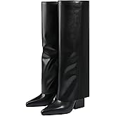 Vaslemuse Knee High Boots for Women Fold Over Pointed Toe Shark Tall Boots Block Low Heel Long Boots with Side Zipper