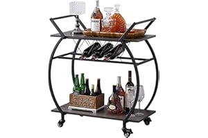 LVB Bar Cart with Wine Rack, 2 Tier Kitchen Cart on Wheels, Industrial Wood and Metal Portable Coffee Cart Table for Home, Rustic Modern Mobile Rustic Rolling Serving Cart with Shelves, Dark Oak