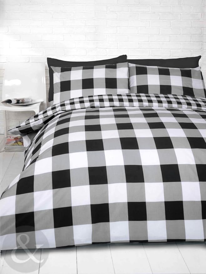 GINGHAM CHECK DUVET COVER Cotton Blend Reversible Bedding Quilt Cover