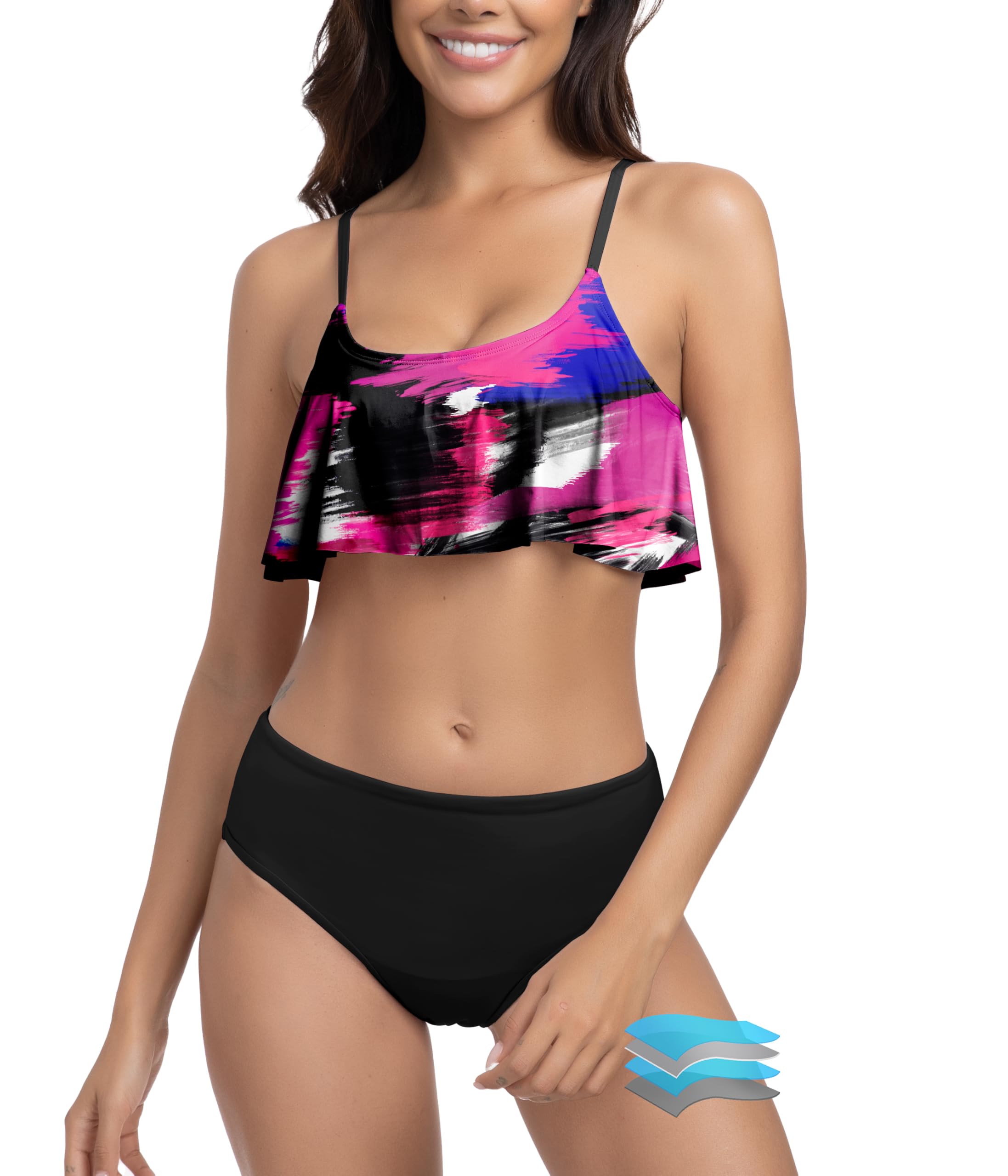 Photo 1 of Beautikini Period Swimwear for Teens Menstrual Leakproof Ruffle Bikini Set Period Bikini Swimsuits Period Bathing Suits for Teen Girls(Black+Print,X-Small)