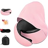 NBHNSDR Travel Neck Pillow, Newly Upgraded Hooded Neck Pillow,100% Pure Memory Foam Travel Pillow for Flight Headrest Sleep,Portable Aircraft Accessory,Suitable for use in Plane/Car/Office(Pink)