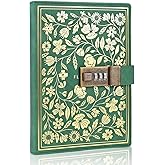 Mazeran Flower Lock Journal, Vintage Leather Hard Cover Floral Golden Embossed Notebook Diary, 224 Pages Lined Password Combination Locking Personal Planner, Gift for Women Girls (Boxed)