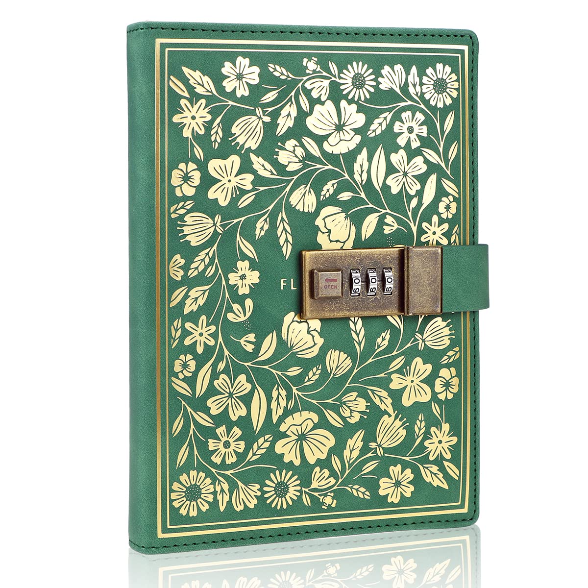 Mazeran Flower Lock Journal, Vintage Leather Hard Cover Floral Golden Embossed Notebook Diary, 224 Pages Lined Password Combination Locking Personal Planner, Gift for Women Girls (Boxed)