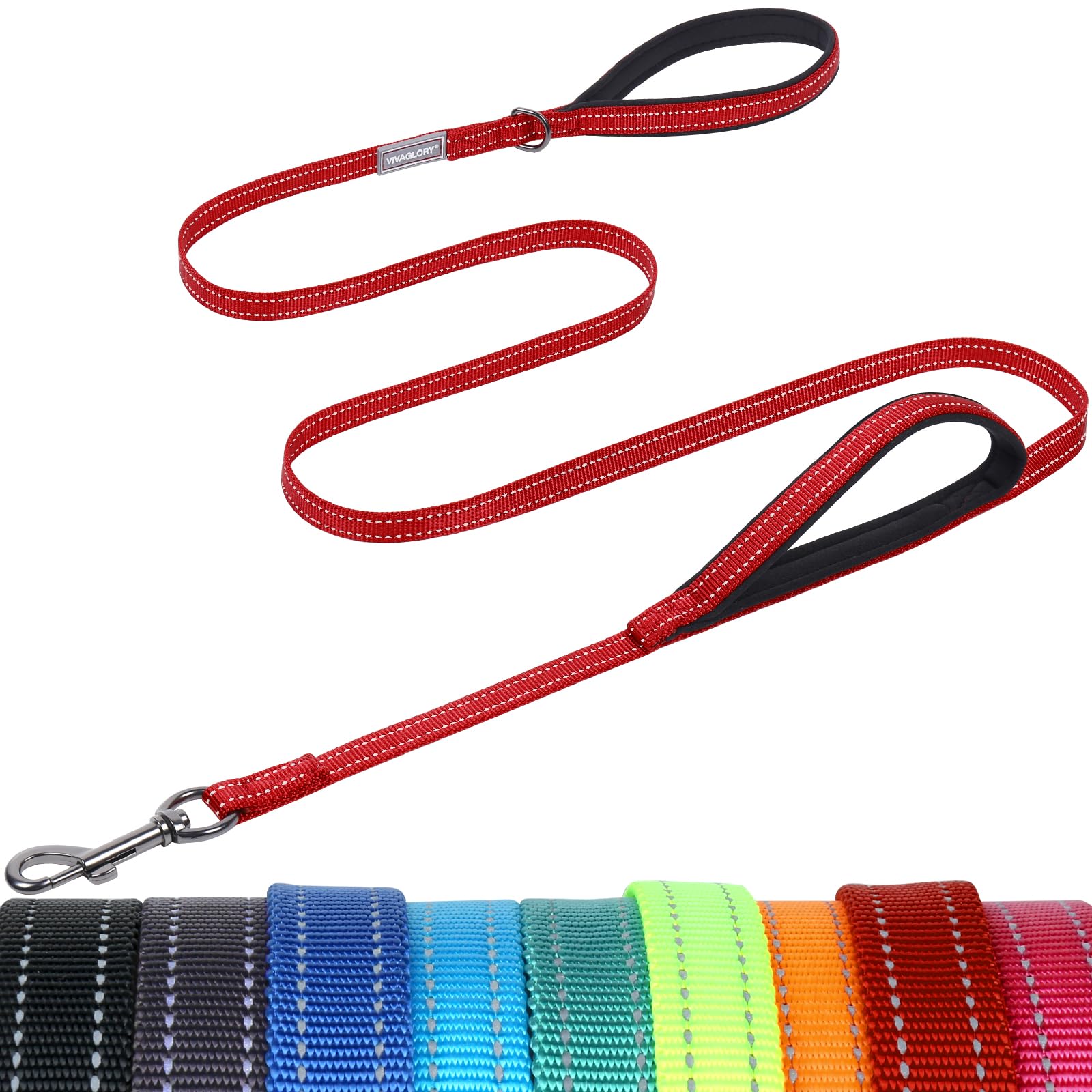 VIVAGLORY Dog Lead Twingrip Double Handle Dog Lead, Leash with Traffic Handle & 2 Loop for Walking & Training, Traffic Control Reflective Heavy Duty for Puppy Pet, 1.5m x 1.4cm, Red