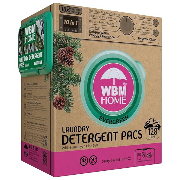WBM LAUNDRY DETERGENT PODS – ULTRA-CONCENTRATED, HYPOALLERGENIC, STAIN-FIGHTING, EVERGREEN SCENT, 128-PACK, RECYCLABLE PACKAGING FOR ECO-FRIENDLY CLEANING